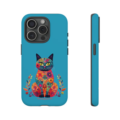 Phone Case for Cat Lovers- iPhone, Samsung Galaxy, Google Pixel- Colorful Floral Cat-Turquoise-Graphic