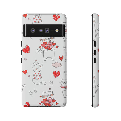 Cat lovers valentine phone case - white with cute cats and red hearts-Google Pixel 7, Google Pixel 6 Pro, Google Pixel 6, Google Pixel 5 5G - gift for cat moms kitten mums