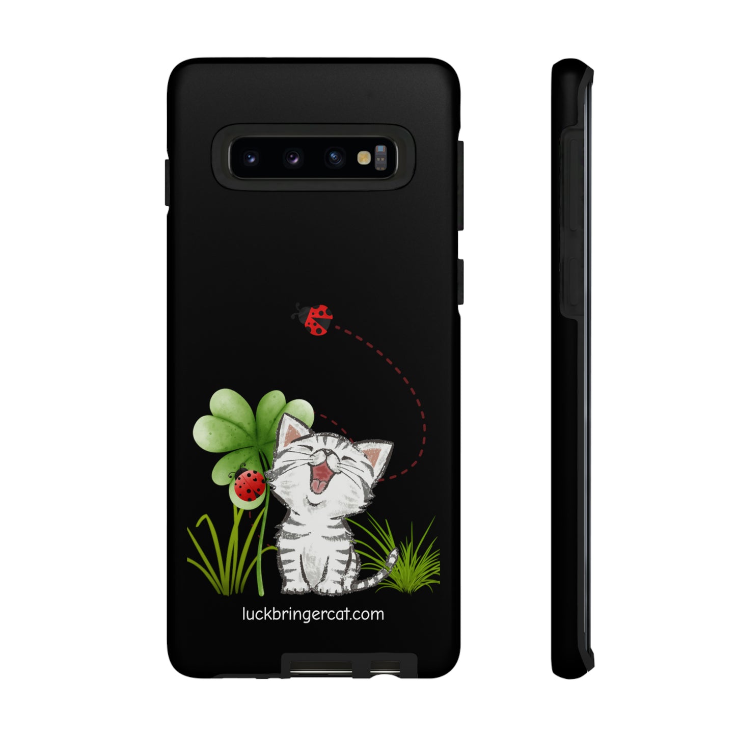 Cute Happy Cat Phone Case- iPhone, Samsung Galaxy, Google Pixel- Black- Lucky Clover Ladybug