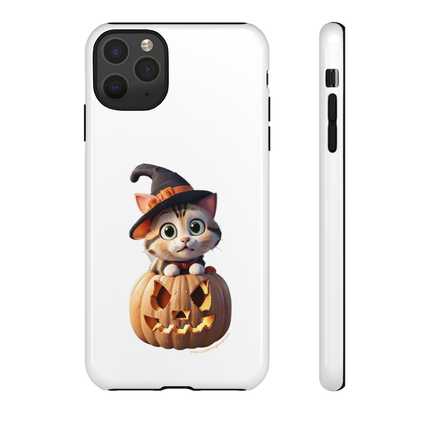 Premium-quality tough protective phone cases for iPhone and Samsung - Halloween Cat - White