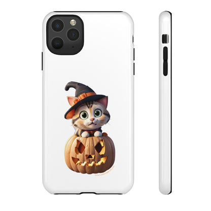 Premium-quality tough protective phone cases for iPhone and Samsung - Halloween Cat - White