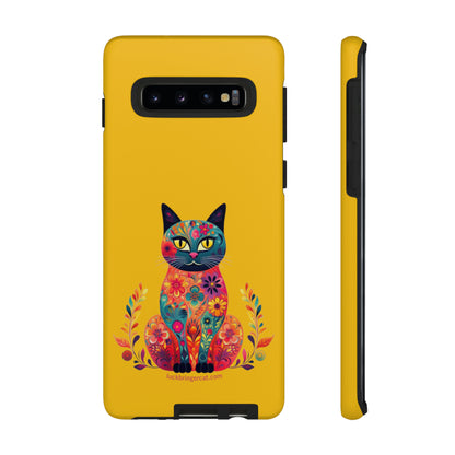 Phone Case for Cat Lovers- iPhone, Samsung Galaxy, Google Pixel- Colorful Floral Cat-Yellow-Graphic