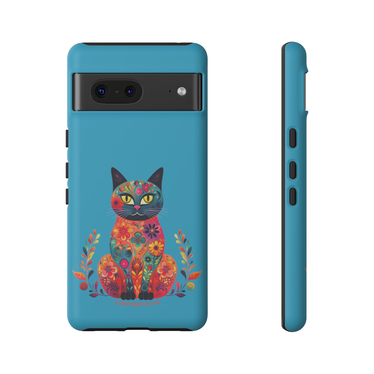 Phone Case for Cat Lovers- iPhone, Samsung Galaxy, Google Pixel- Colorful Floral Cat-Turquoise-Graphic