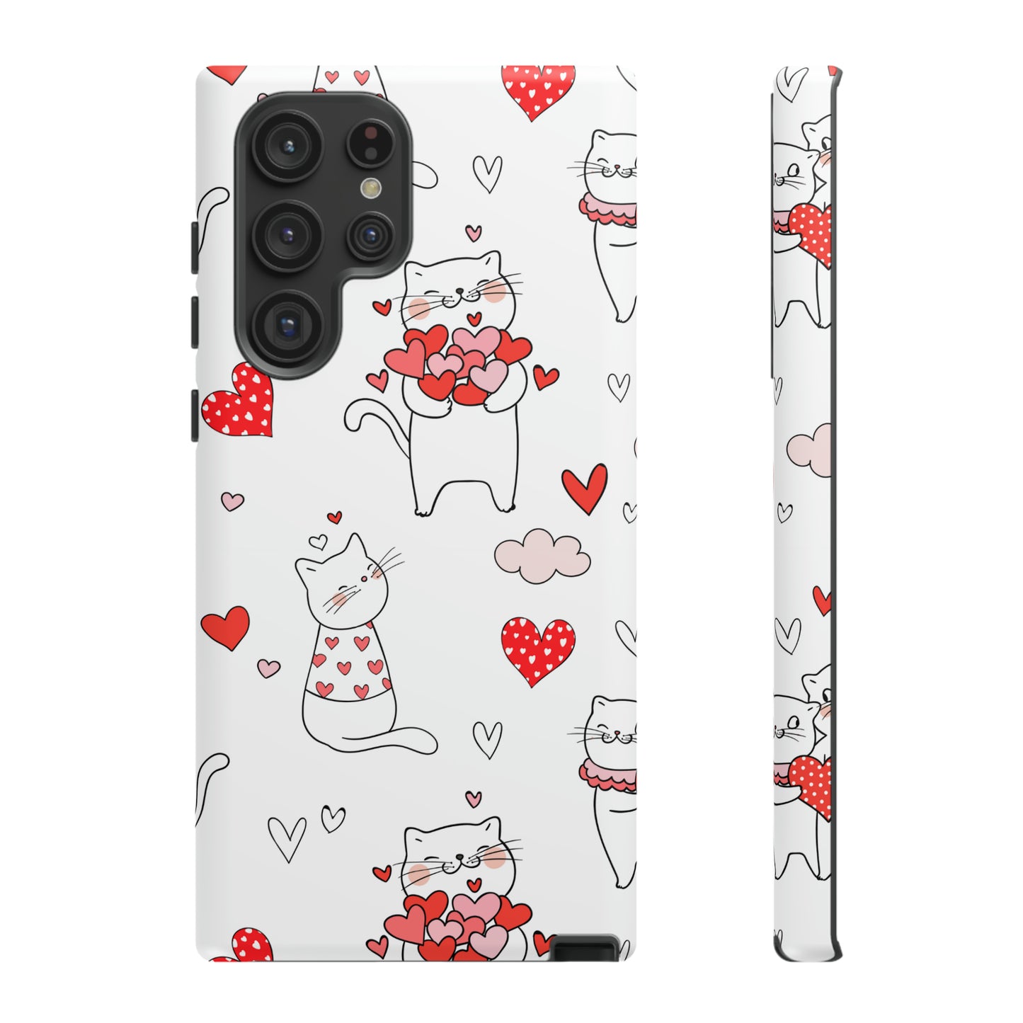 Premium-quality tough protective phone cases for iPhone, Samsung and Google - White With Cute Cartoon Cats and Red Hearts