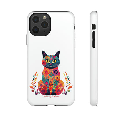 Phone Case for Cat Lovers- iPhone, Samsung Galaxy, Google Pixel- Colorful Floral Cat-White-Graphic