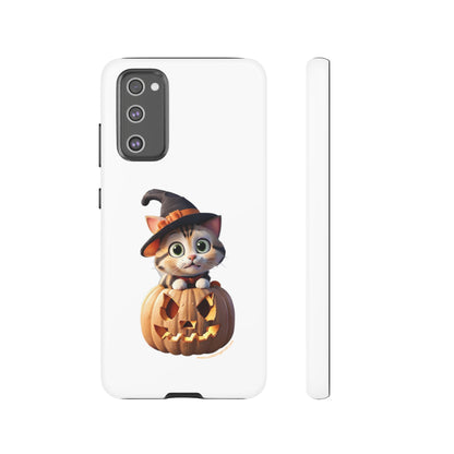 Premium-quality tough protective phone cases for iPhone and Samsung - Halloween Cat - White