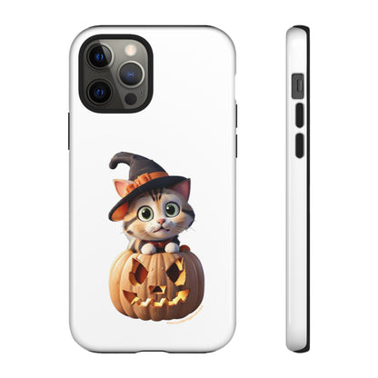 Premium-quality tough protective phone cases for iPhone and Samsung - Halloween Cat - White