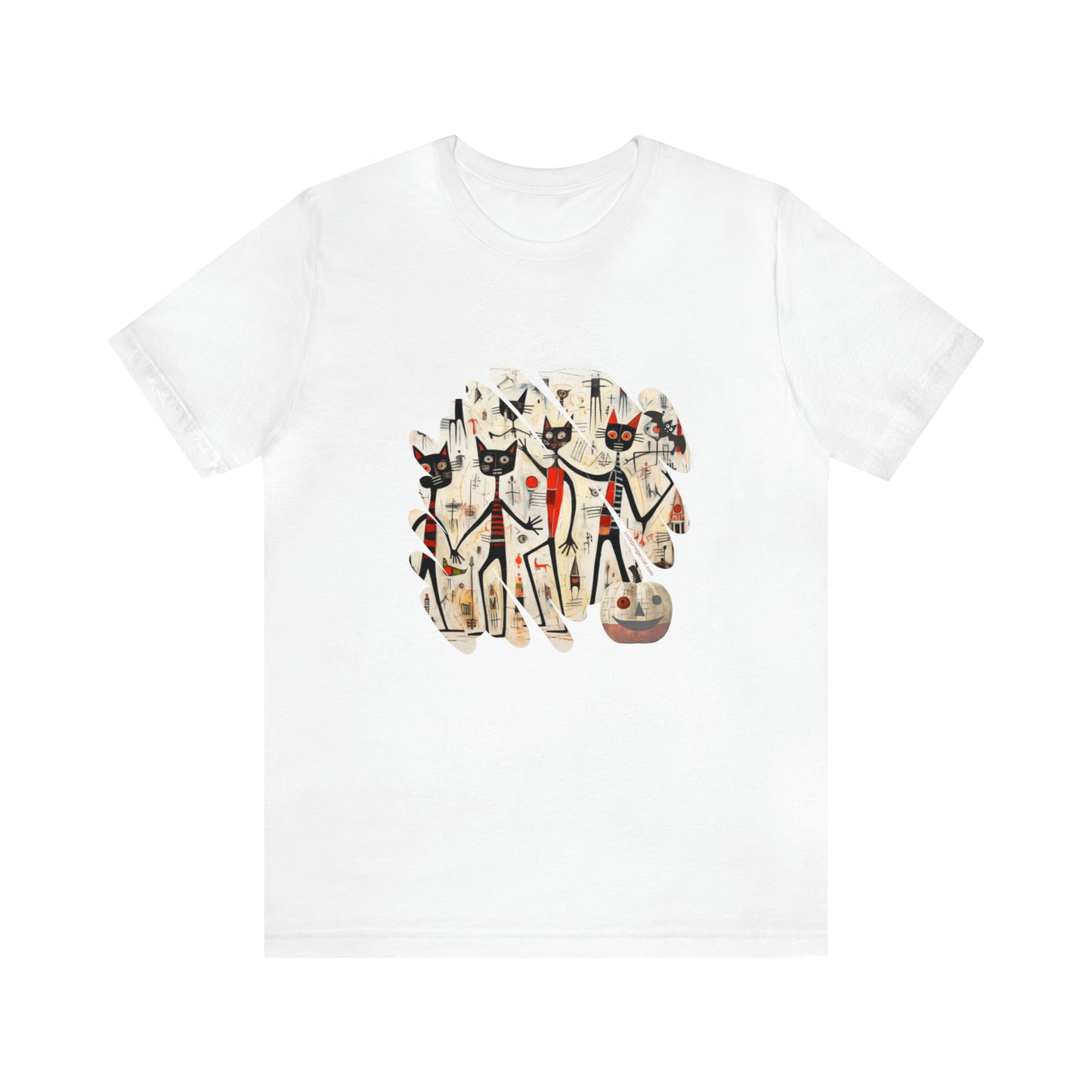 Halloween T-shirt With Modern Art Graphic Dancing Black Cats and Pumpkin