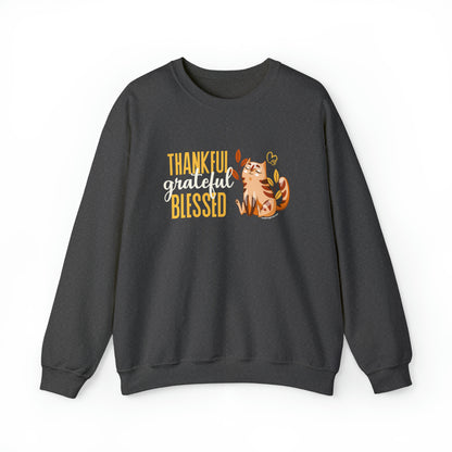 Thanksgiving Crewneck Sweatshirt for Cat Lovers - Thankful Grateful Blessed