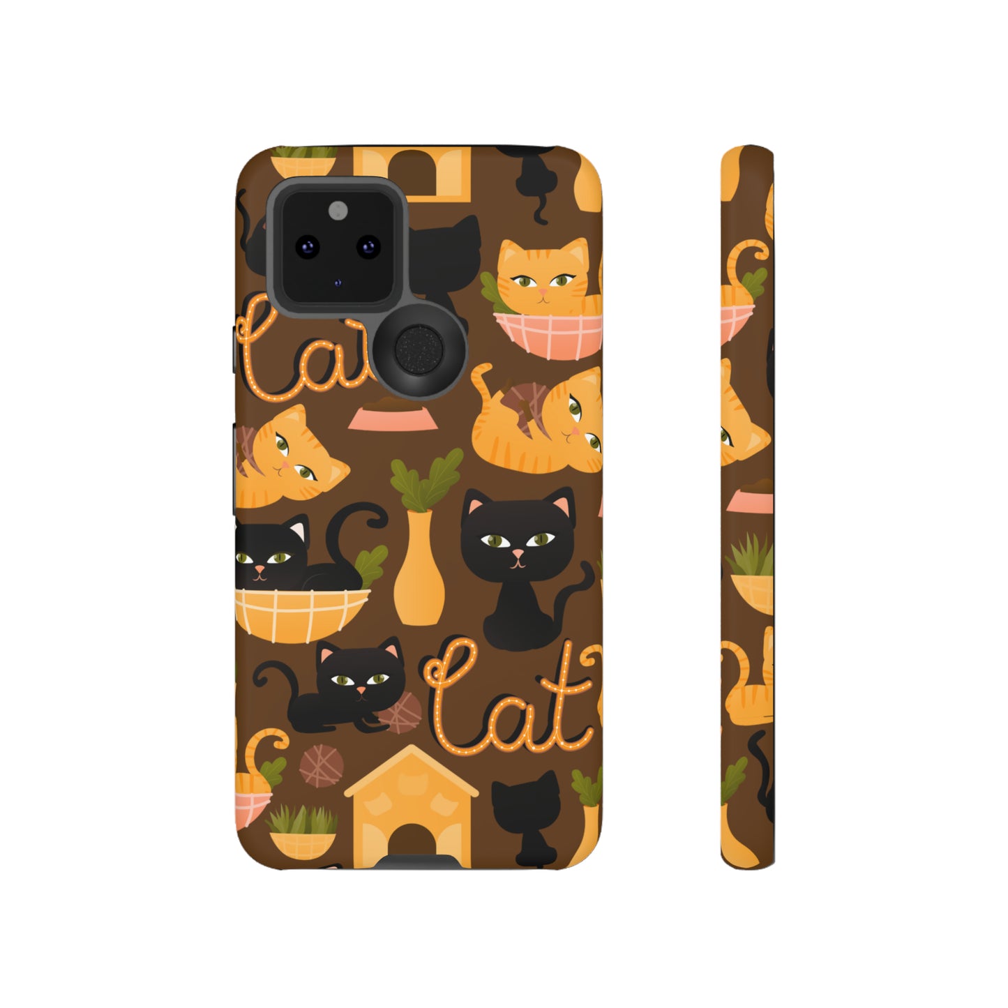 cat lovers phone case with black and yellow cartoon cats- Google Pixel 7, Google Pixel 6 Pro, Google Pixel 6, Google Pixel 5 5G - gift for cat moms kitten mums - cat owners 