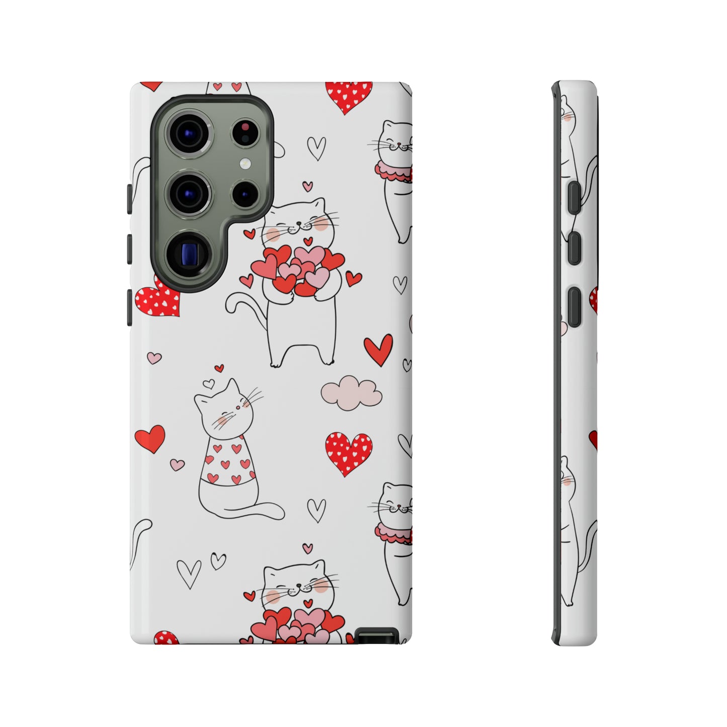 Premium-quality tough protective phone cases for iPhone, Samsung and Google - White With Cute Cartoon Cats and Red Hearts