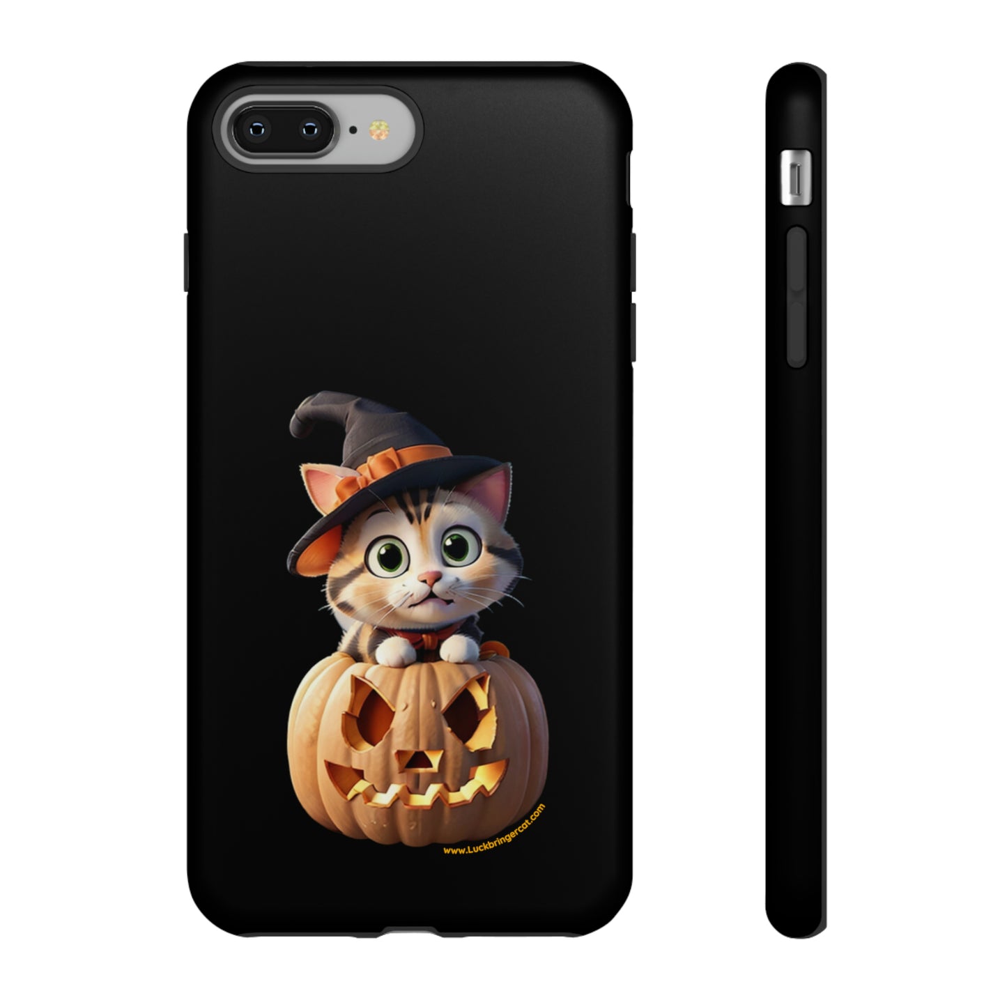 Premium-quality tough protective phone cases for iPhone and Samsung - Halloween Pumpkin Cat - Black