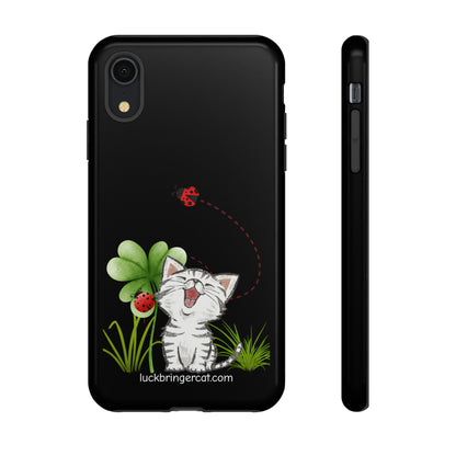 Cute Happy Cat Phone Case- iPhone, Samsung Galaxy, Google Pixel- Black- Lucky Clover Ladybug