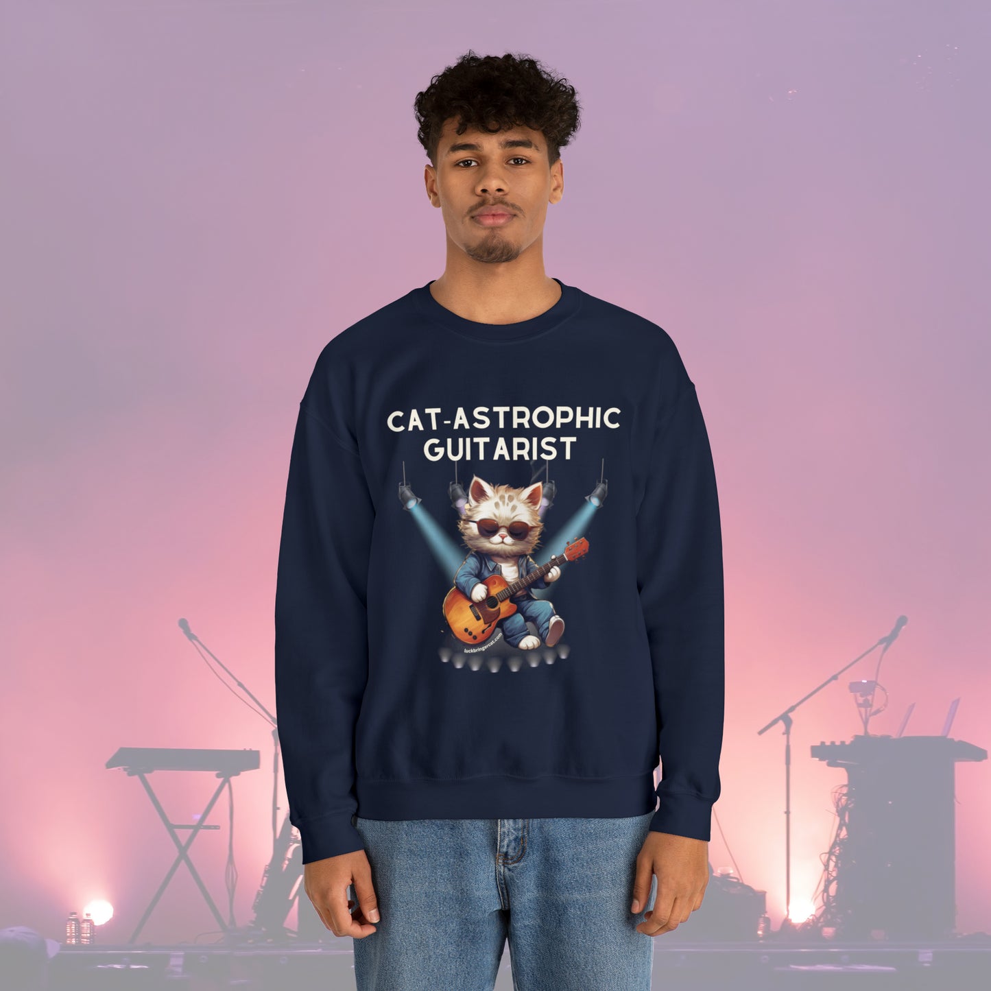 Unisex Crewneck Sweatshirt - Catastrophic Guitarist- Funny Shirt for Cat and Classic Guitar Lovers