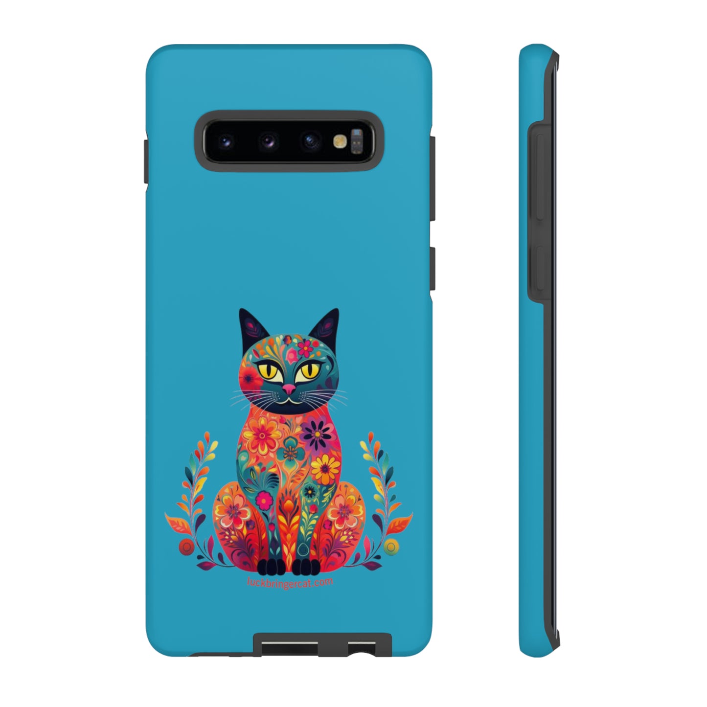 Phone Case for Cat Lovers- iPhone, Samsung Galaxy, Google Pixel- Colorful Floral Cat-Turquoise-Graphic