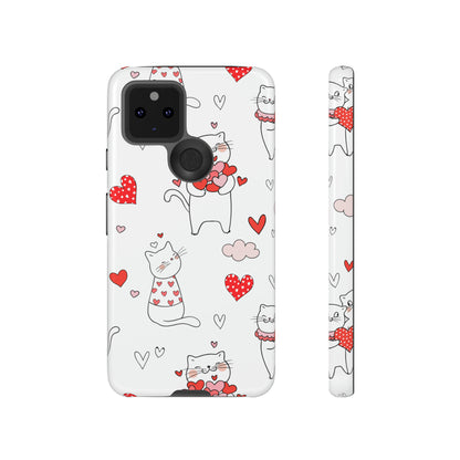 Premium-quality tough protective phone cases for iPhone, Samsung and Google - White With Cute Cartoon Cats and Red Hearts