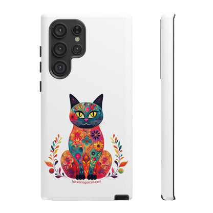 Phone Case for Cat Lovers- iPhone, Samsung Galaxy, Google Pixel- Colorful Floral Cat-White-Graphic