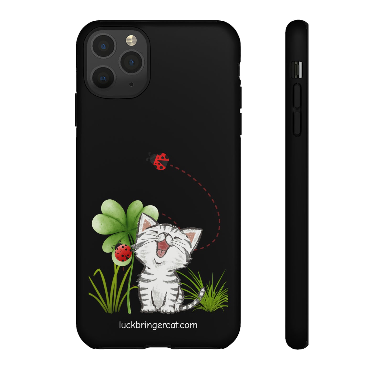 Cute Happy Cat Phone Case- iPhone, Samsung Galaxy, Google Pixel- Black- Lucky Clover Ladybug