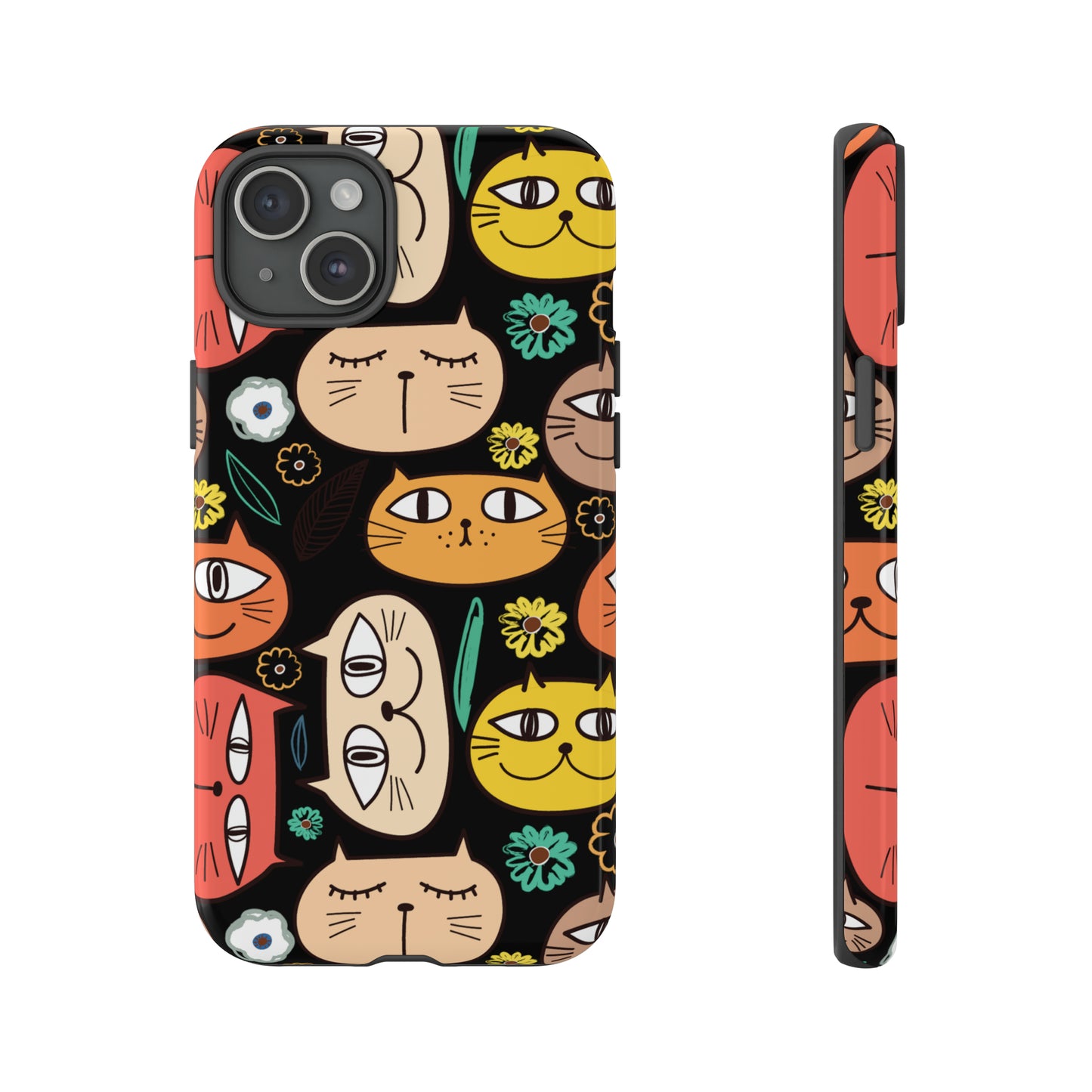 Premium-quality tough protective phone cases for iPhone, Samsung and Google - Black With Cute Colorful Cartoon Cats