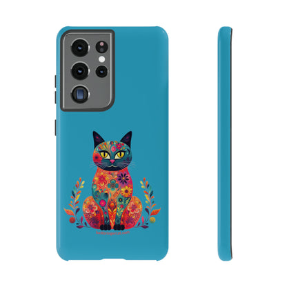 Phone Case for Cat Lovers- iPhone, Samsung Galaxy, Google Pixel- Colorful Floral Cat-Turquoise-Graphic