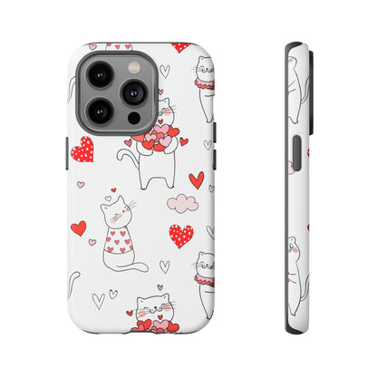 Premium-quality tough protective phone cases for iPhone, Samsung and Google - White With Cute Cartoon Cats and Red Hearts