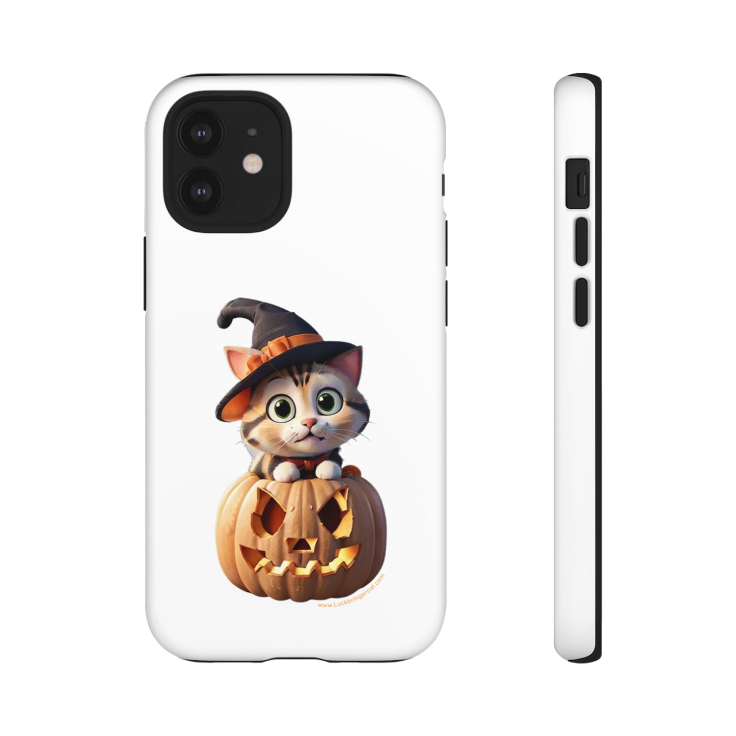 Premium-quality tough protective phone cases for iPhone and Samsung - Halloween Cat - White