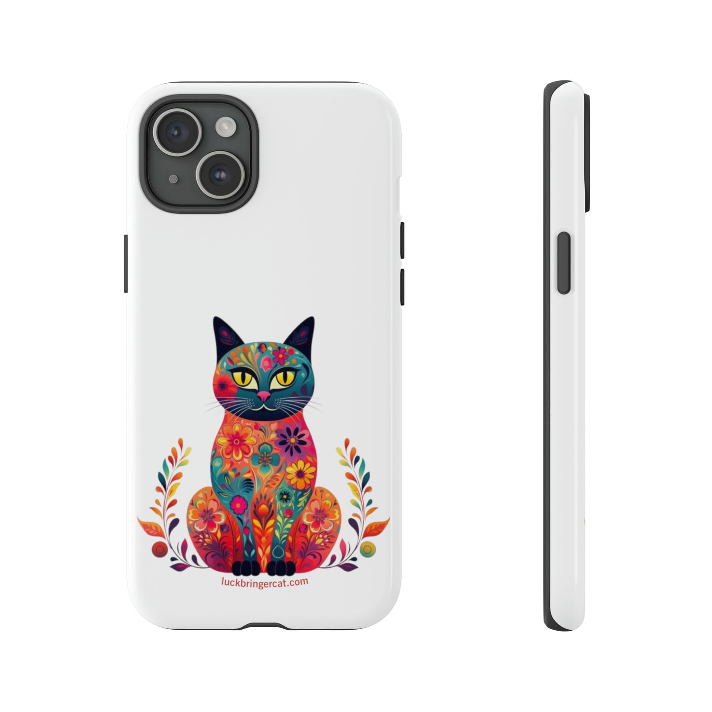 Phone Case for Cat Lovers- iPhone, Samsung Galaxy, Google Pixel- Colorful Floral Cat-White-Graphic