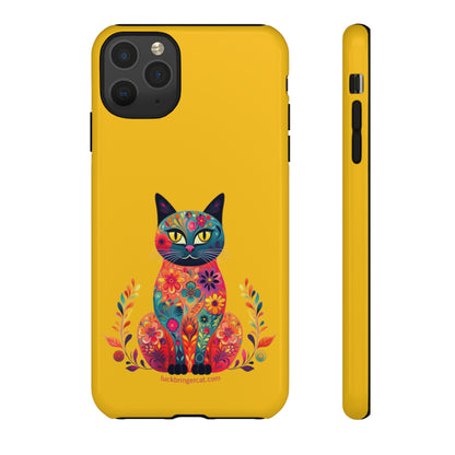 Phone Case for Cat Lovers- iPhone, Samsung Galaxy, Google Pixel- Colorful Floral Cat-Yellow-Graphic