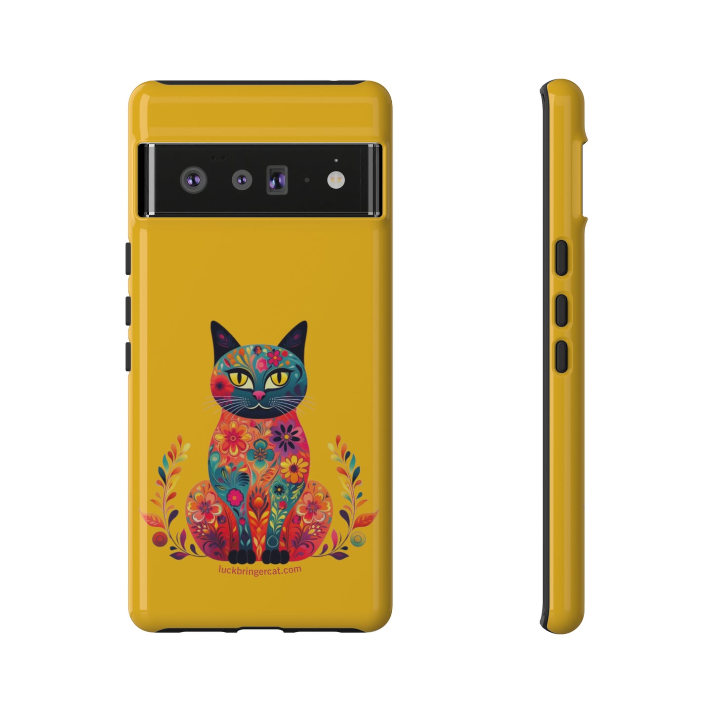 Phone Case for Cat Lovers- iPhone, Samsung Galaxy, Google Pixel- Colorful Floral Cat-Yellow-Graphic