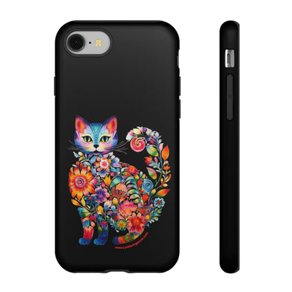 Floral Cat Lovers Phone case- iPhone, Samsung Galaxy, Google Pixel- Black-Tough-Premium Quality