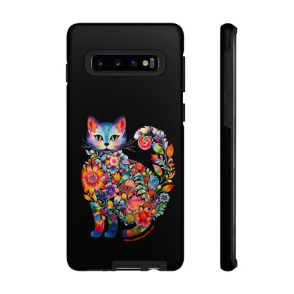 Floral Cat Lovers Phone case- iPhone, Samsung Galaxy, Google Pixel- Black-Tough-Premium Quality