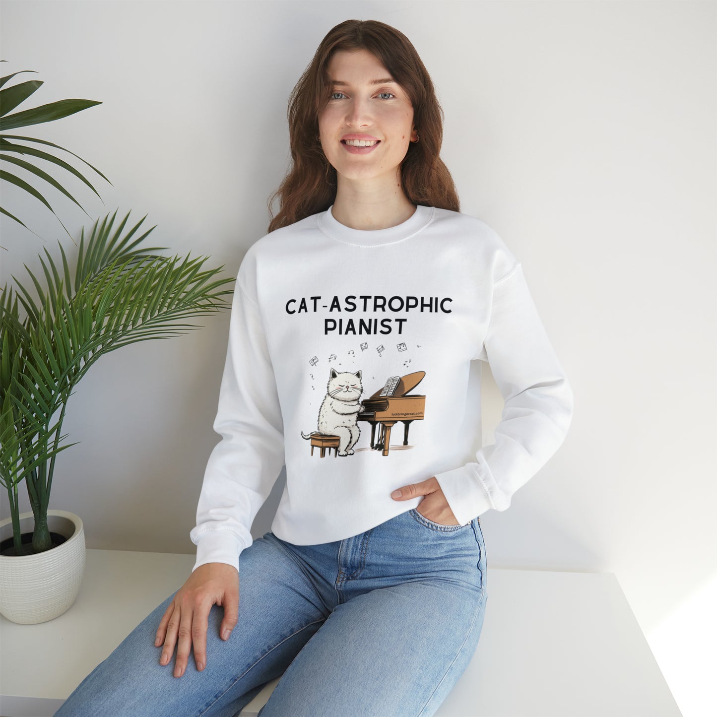 Unisex Crewneck Sweatshirt - Catastrophic Pianist Funny Shirt for Cat Lovers and Piano Players