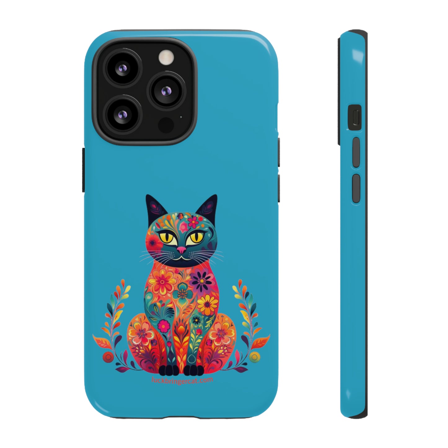 Phone Case for Cat Lovers- iPhone, Samsung Galaxy, Google Pixel- Colorful Floral Cat-Turquoise-Graphic