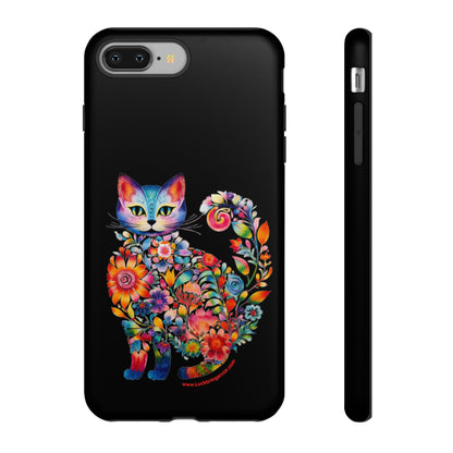 Floral Cat Lovers Phone case- iPhone, Samsung Galaxy, Google Pixel- Black-Tough-Premium Quality