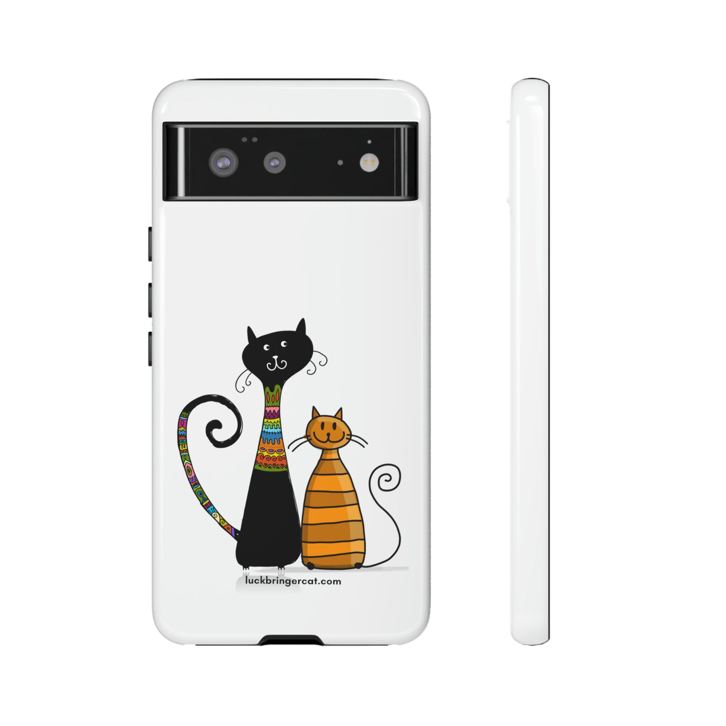 Funny Phone Case for Cat Lovers- iPhone, Samsung Galaxy and Google Pixel- White With Cute Black and Orange Cats