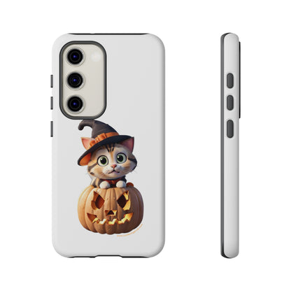 Premium-quality tough protective phone cases for iPhone and Samsung - Halloween Cat - White