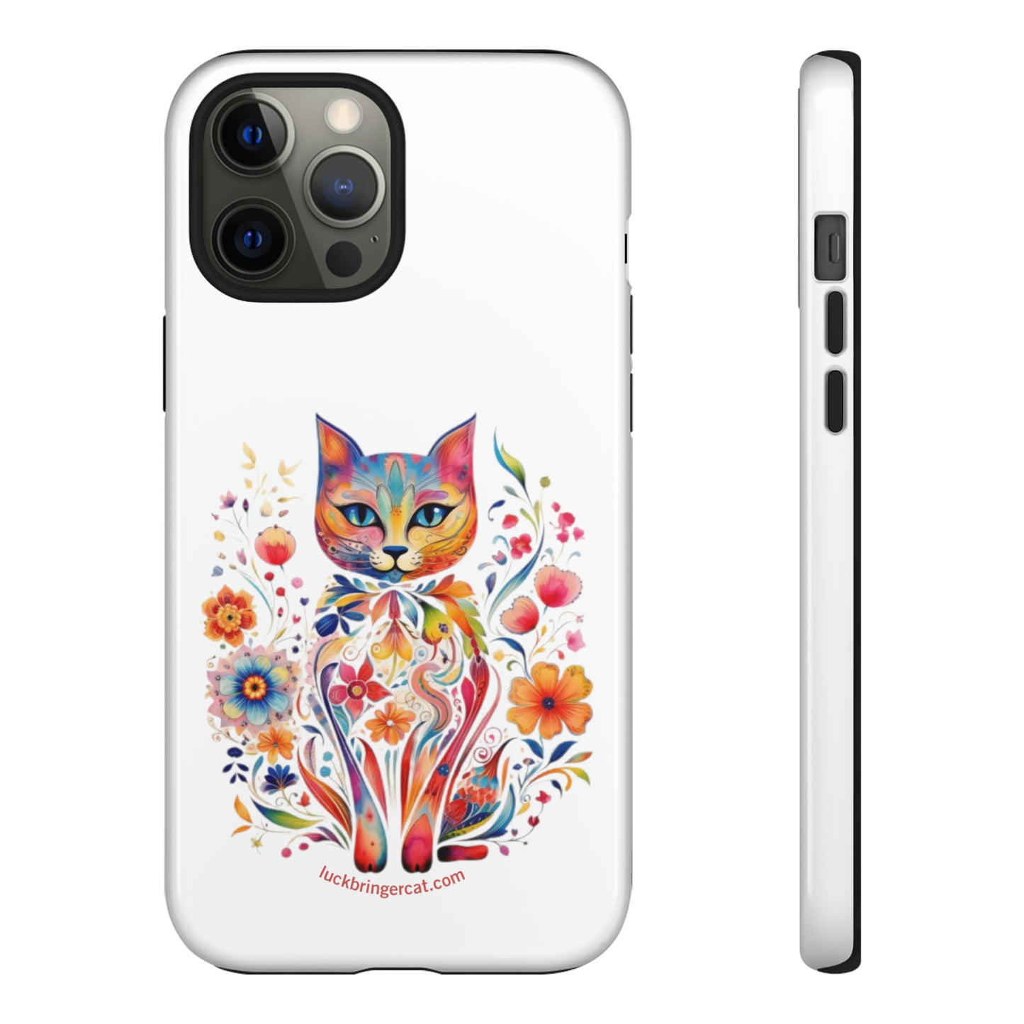 Phone Case for Cat and Flower Lovers- iPhone, Samsung Galaxy, Google Pixel- Colorful Floral Cat-White