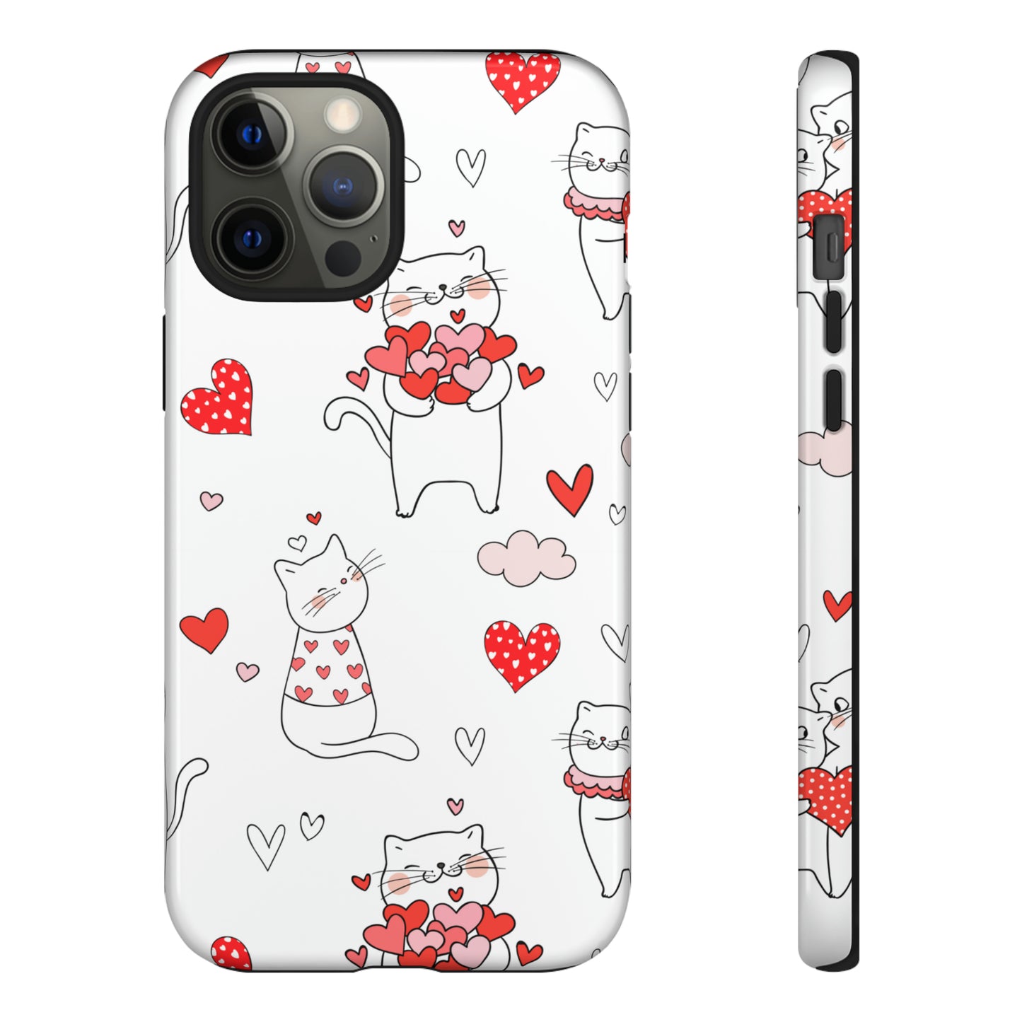 Premium-quality tough protective phone cases for iPhone, Samsung and Google - White With Cute Cartoon Cats and Red Hearts