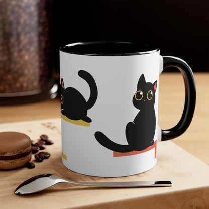 Ceramic Mug with Black Cats and Black Handle and Black Interior - gift for black cat lovers