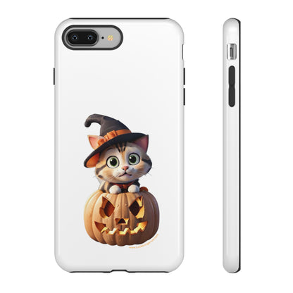 Premium-quality tough protective phone cases for iPhone and Samsung - Halloween Cat - White