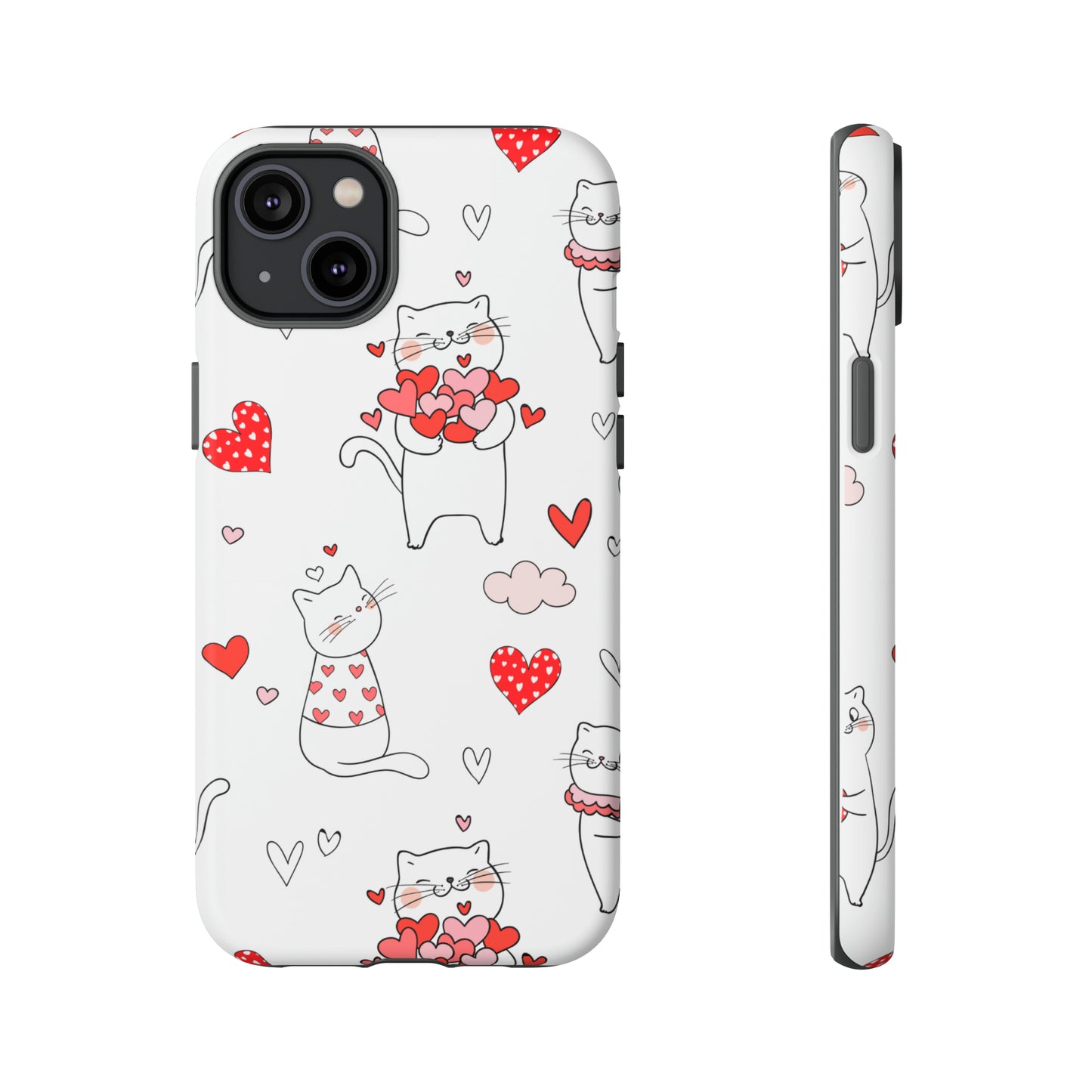 Premium-quality tough protective phone cases for iPhone, Samsung and Google - White With Cute Cartoon Cats and Red Hearts