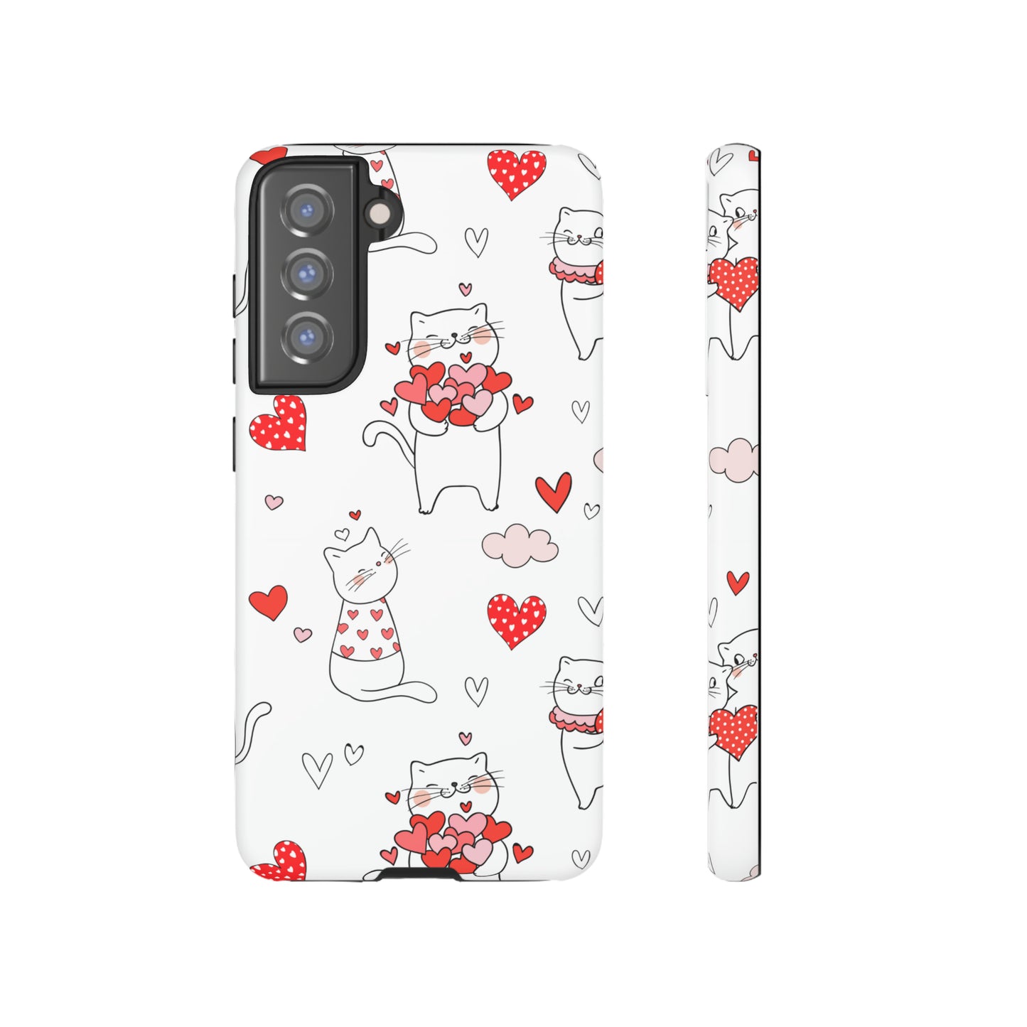 Premium-quality tough protective phone cases for iPhone, Samsung and Google - White With Cute Cartoon Cats and Red Hearts