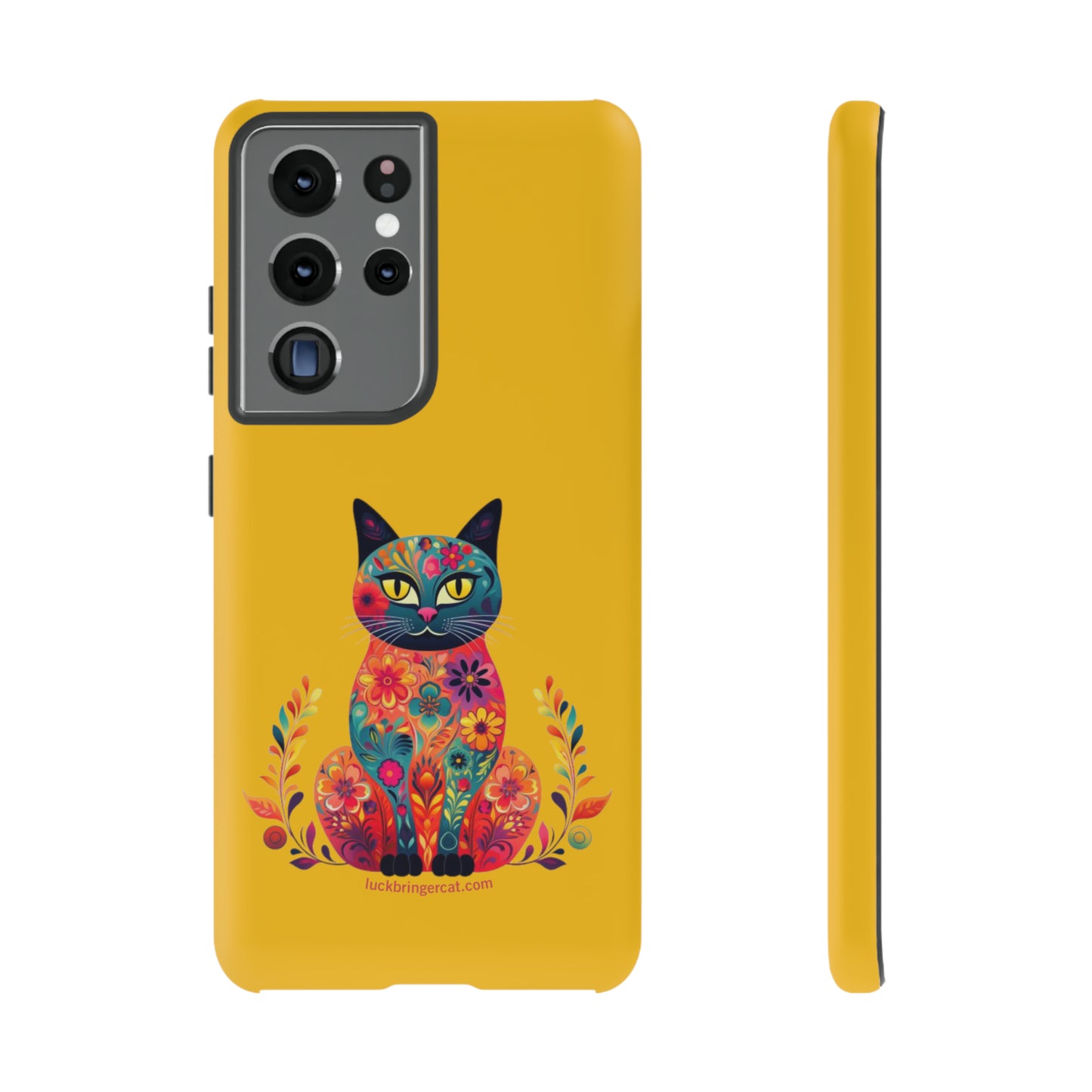 Phone Case for Cat Lovers- iPhone, Samsung Galaxy, Google Pixel- Colorful Floral Cat-Yellow-Graphic