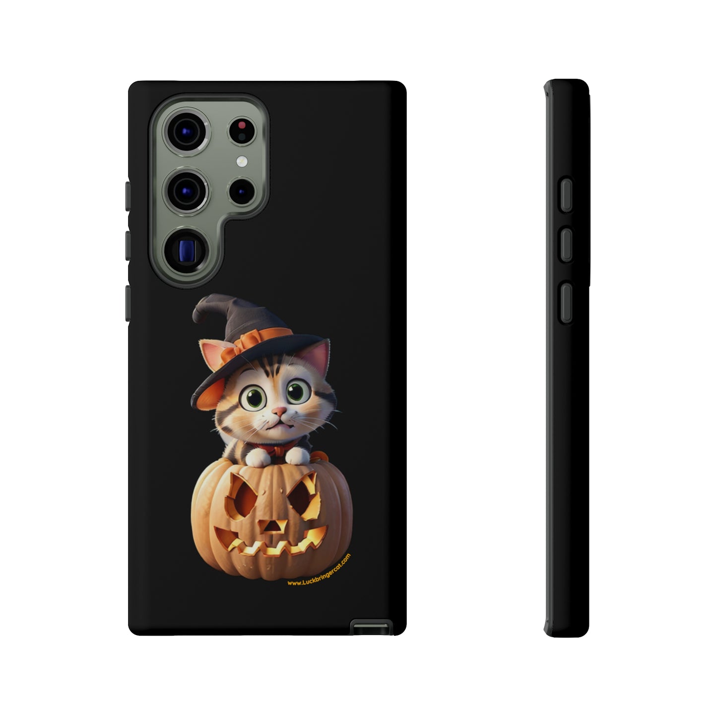 Premium-quality tough protective phone cases for iPhone and Samsung - Halloween Pumpkin Cat - Black