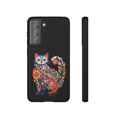 Floral Cat Lovers Phone case- iPhone, Samsung Galaxy, Google Pixel- Black-Tough-Premium Quality