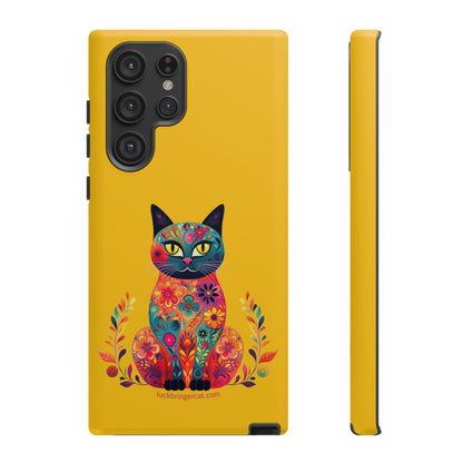 Phone Case for Cat Lovers- iPhone, Samsung Galaxy, Google Pixel- Colorful Floral Cat-Yellow-Graphic