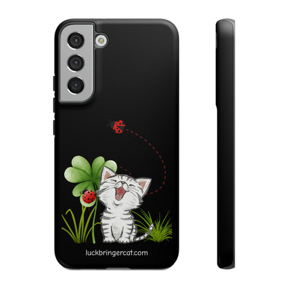 Cute Happy Cat Phone Case- iPhone, Samsung Galaxy, Google Pixel- Black- Lucky Clover Ladybug