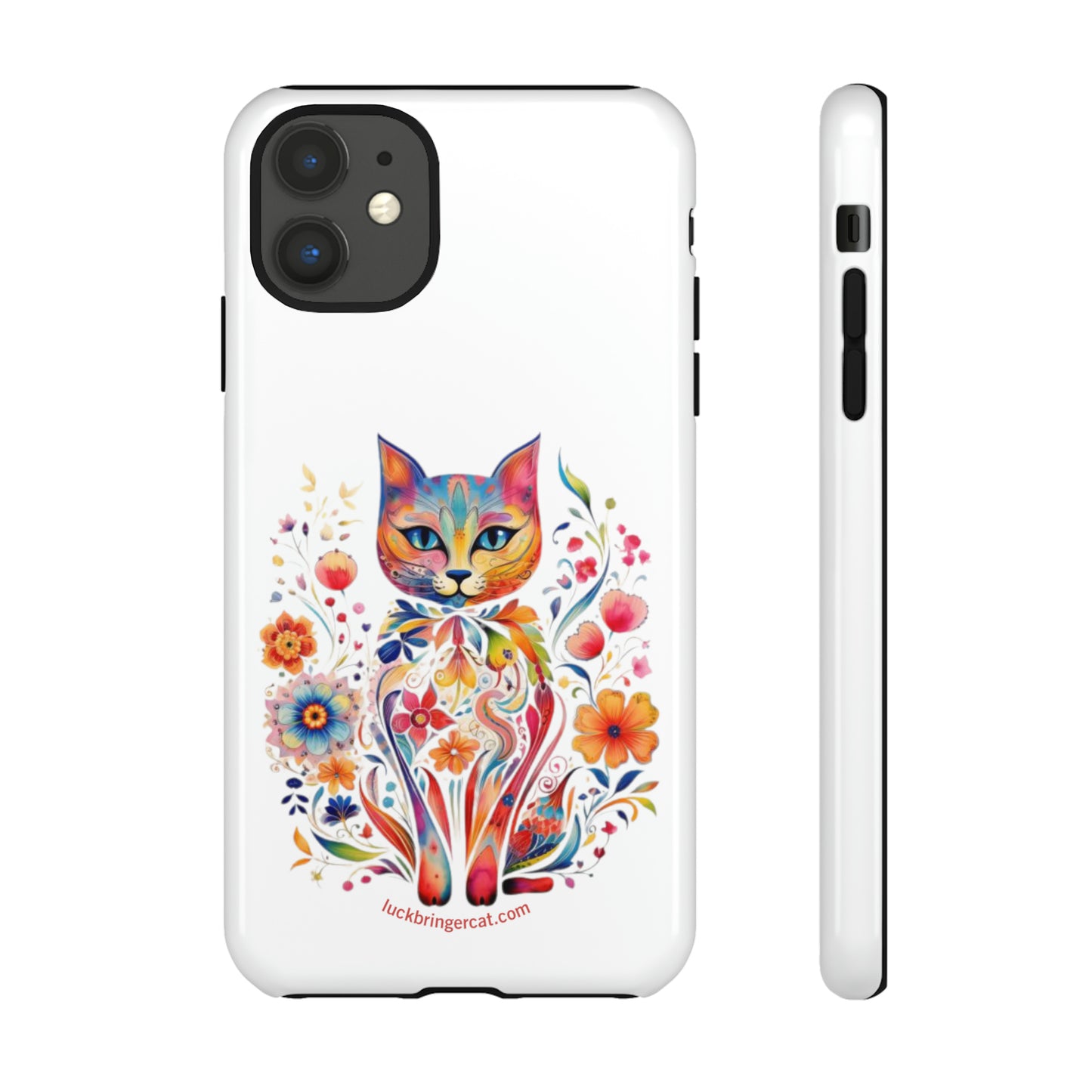 Phone Case for Cat and Flower Lovers- iPhone, Samsung Galaxy, Google Pixel- Colorful Floral Cat-White