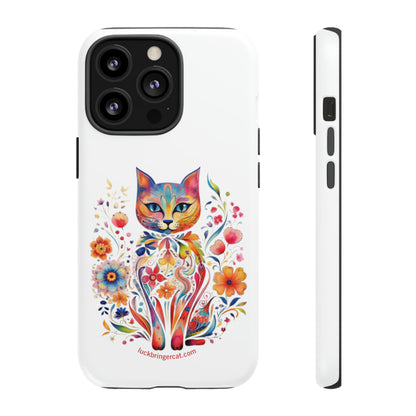 Phone Case for Cat and Flower Lovers- iPhone, Samsung Galaxy, Google Pixel- Colorful Floral Cat-White