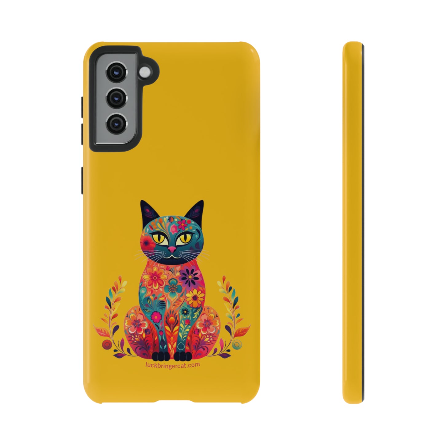 Phone Case for Cat Lovers- iPhone, Samsung Galaxy, Google Pixel- Colorful Floral Cat-Yellow-Graphic